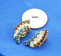 Vintage 50s Rhinestone Clip Earrings; Red White Blue Gold Tone Patriotic