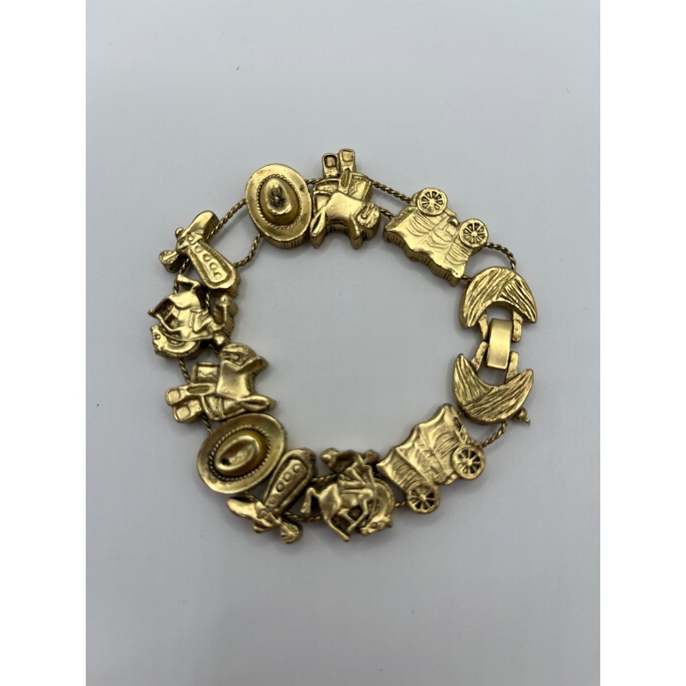 Vintage 1995 BG Western Slide Charm Bracelet Gold Tone Cowboy Boot Hat Wagon