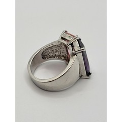 Pink & Purple Crystal Ring Prong Set Stones Modernist Geometric Silvertone