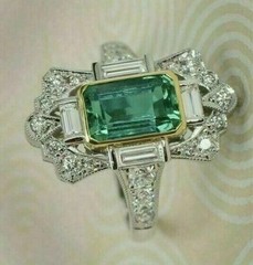 Vintage Art Deco Emerald Lab-Created Diamond Proposal 14K White Gold Finish Ring