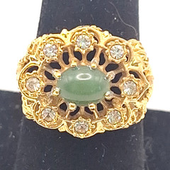 Vintage 18K HGE Green Cabochon Rhinestone Cocktail Ring Size 8 Regency Glam Chic