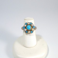Antique Victorian 14k Gold Ring w Persian Turquoise and Seed Pearls size 6.75