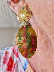 Vintage 1980’s Brass Metal w/Colorful Brites Dangle Pierced Earrings