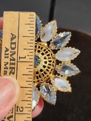 Vintage icy blue and givre navette gold tone filigree 3D flower brooch
