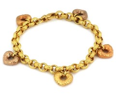 Hand Hammered 19k Multicolor Gold 5 Heart Charms Chain Bracelet