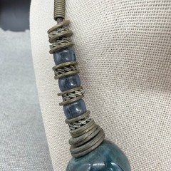 Vintage Necklace 1970s Blue Ceramic Beads Metal Disc Spacers Bohemian 16.5 Inche