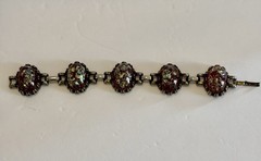 Vintage Lucite Oval Shaped Red Confetti Cabochons Silver Plated Metal Bracelet