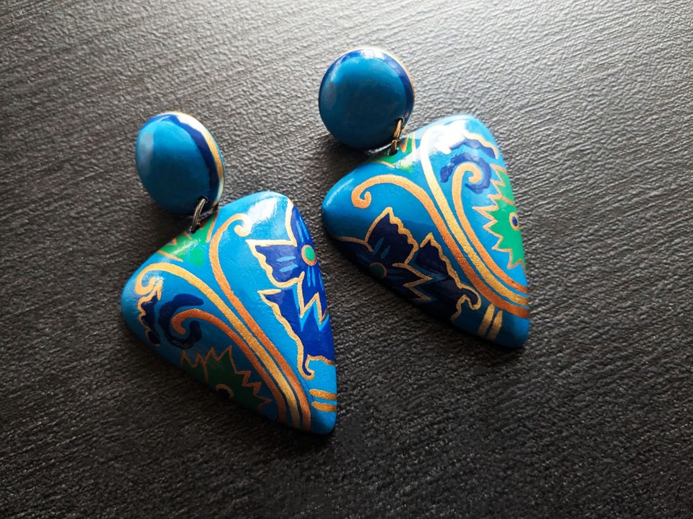 Vintage Hand Painted Wood Earrings Blue Ethnic Boho Statement Post