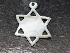 VINTAGE ‘70s Carved Mother Of Pearl Star of David 1″ Pendant Charm “Zion” Script
