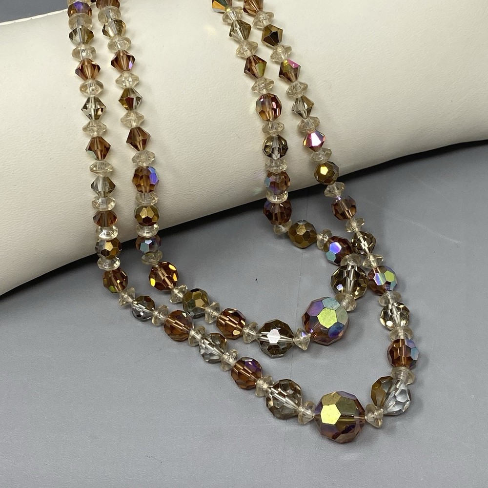 Stunning Iridescent Crystal Beaded Necklace Brown Gold Coated Faceted Layered 15