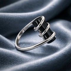 Black Onyx Ring Sterling Silver Modernist Cylinder Geometric Wrap Statement 925