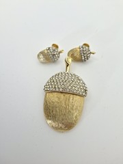 Vtg Marvella Acorn Brooch & Clip Earrings Rhinestone Autumn Jewelry Naturecore