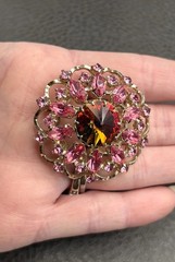 Vintage Rivoli Aurora Borealis Pink Rhinestone Brooch Pin Filigree Silver Tone