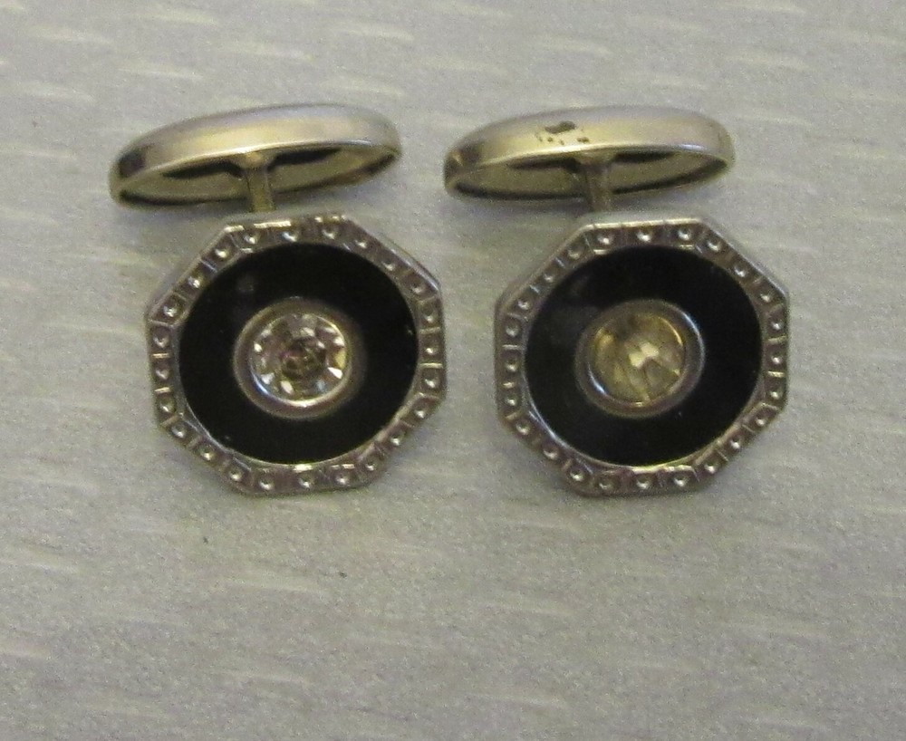 French Vintage Art Deco Black Celluloid Cufflinks Octagon Inlay Rhinestones