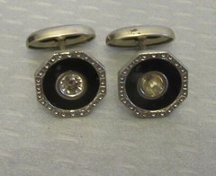 French Vintage Art Deco Black Celluloid Cufflinks Octagon Inlay Rhinestones