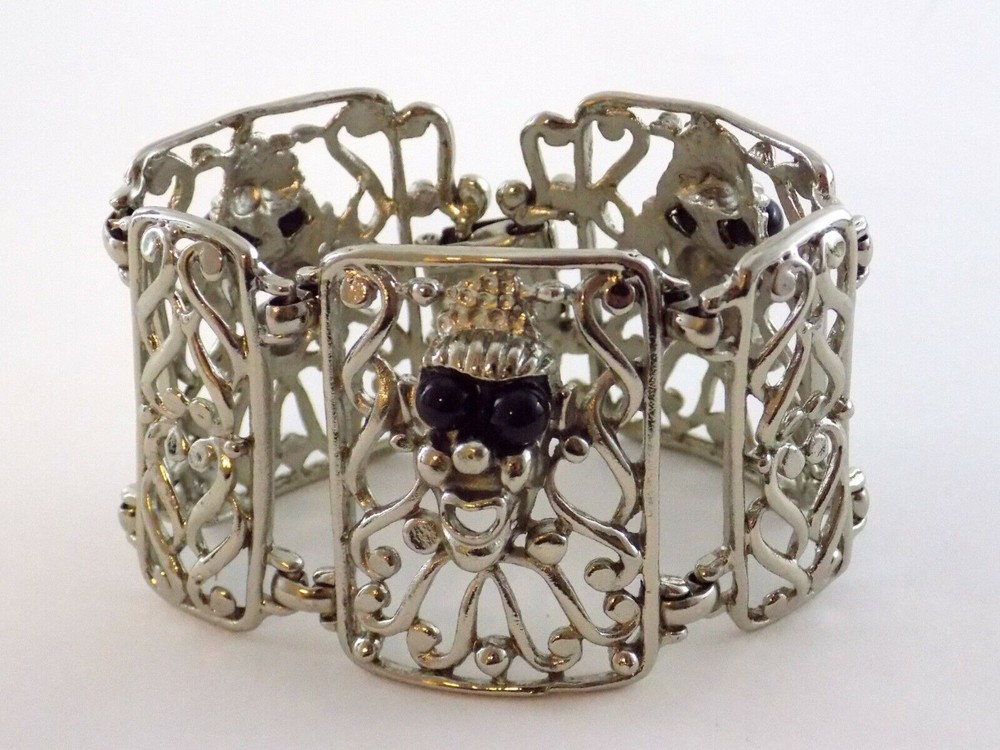 Vintage Selini Silver Plated Black Beaded Clown Face Panel Bracelet 7 Inches 68g