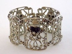 Vintage Selini Silver Plated Black Beaded Clown Face Panel Bracelet 7 Inches 68g