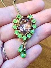 Vtg Estate MCM Purple And Neon Green Glass Stone Teardrop Pendant Bolo Necklace