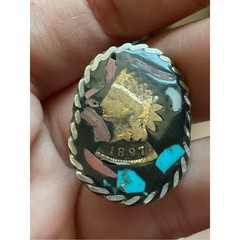 Vintage Sterling Native American Coin Gemstone Mosaic Inlay Ring Size 5.25