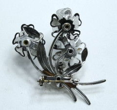 Vintage Floral Heart Flowers Brooch Silver Tone Rhinestone Pin