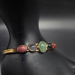 Colorful Gemstone Scarab Cuff Bracelet Gold Tone Egyptian Revival
