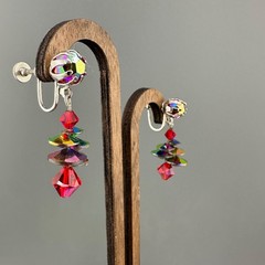 Vintage AB Rhinestone Disco Earrings Dangle Drop Multicolor Discs Clip On Galaxy