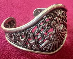 VINTAGE 800 SILVER WIDE CUFF BRACELET INTRICATE PEACOCK DESIGN 38 GRAMS