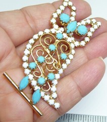 Vintage White Milk Glass and Turquoise Rhinestone Owl Bird Pin Brooch
