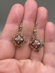 Vintage Cloisonné GoldTone Multicolor Floral Enamel Dangle Hook 1.4” Earrings