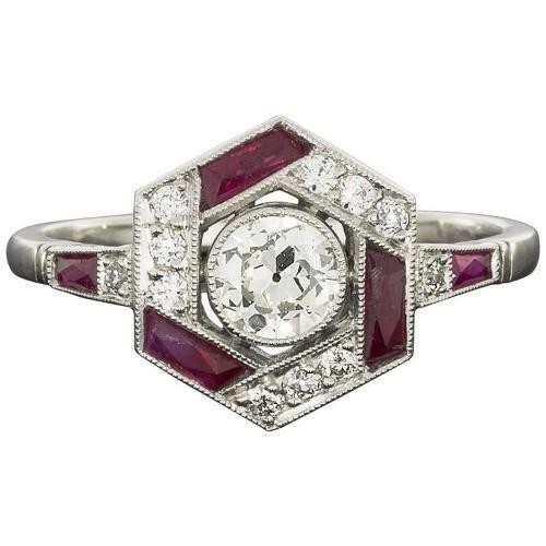 14K White Gold Over 2CT Round Lab-Created Diamond Vintage Ruby Engagement Ring
