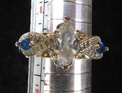 Art Deco Sze 8.75 Lab-Created Diamond Blue Sapphire Engagement Silver Gold Ring