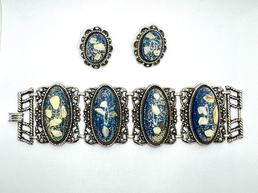 Vintage SELRO SELINI Blue Gold Confetti Lucite Silver Panel Bracelet & Earrings