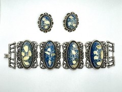 Vintage SELRO SELINI Blue Gold Confetti Lucite Silver Panel Bracelet & Earrings