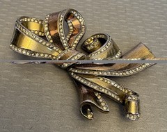 Retro Crown Trifari Bow Brooch Multi Tone Gold Pave Rhinestone 3D Double Ribbon