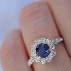Art Deco Lab Created Diamonds ring with blue sapphire 14k White Gold Finish Ring