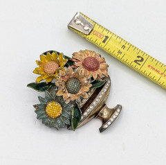 Vintage Pot Metal Brooch Enamel Giardinetti Flower Basket Rhinestone Urn Deco