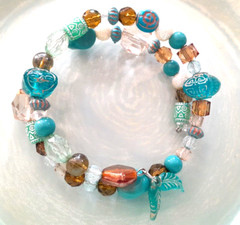 Vintage Boho Style 1980’s Teal Blue Brown Acrylic Beads Wrap Bracelet Fits All