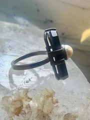 Art Deco ring Onyx pearl mourning band pinky size 5.25 sterling silver women