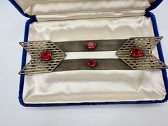 Antique Victorian Gold Tone Red Glass Mesh Belt Buckle Sash STrap? 6.5in Read