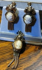 Antique Gold Filled Old/Young Cameo Necklace Double Sided Pendant & Earrings SET