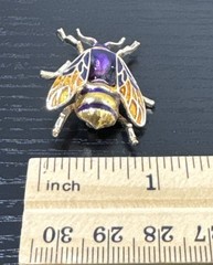 Vintage Gold Tone And Enamel Purple & Yellow Bumblebee Pin Brooch 1.5 In Long