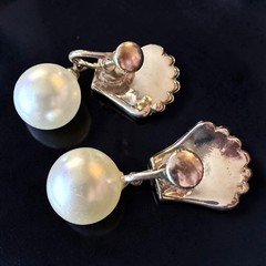 Art Deco Earrings Rhinestone Faux Pearl Dangle Scallop Shell Screwback Vintage