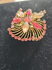 Vintage Prong Set Rhinestone Brooch Pin Pink Opalescent Cabochon Layered