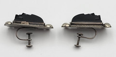 Vtg Mexico Silver Carved Onyx Tribal Mask Earrings Screw Back 1.25″
