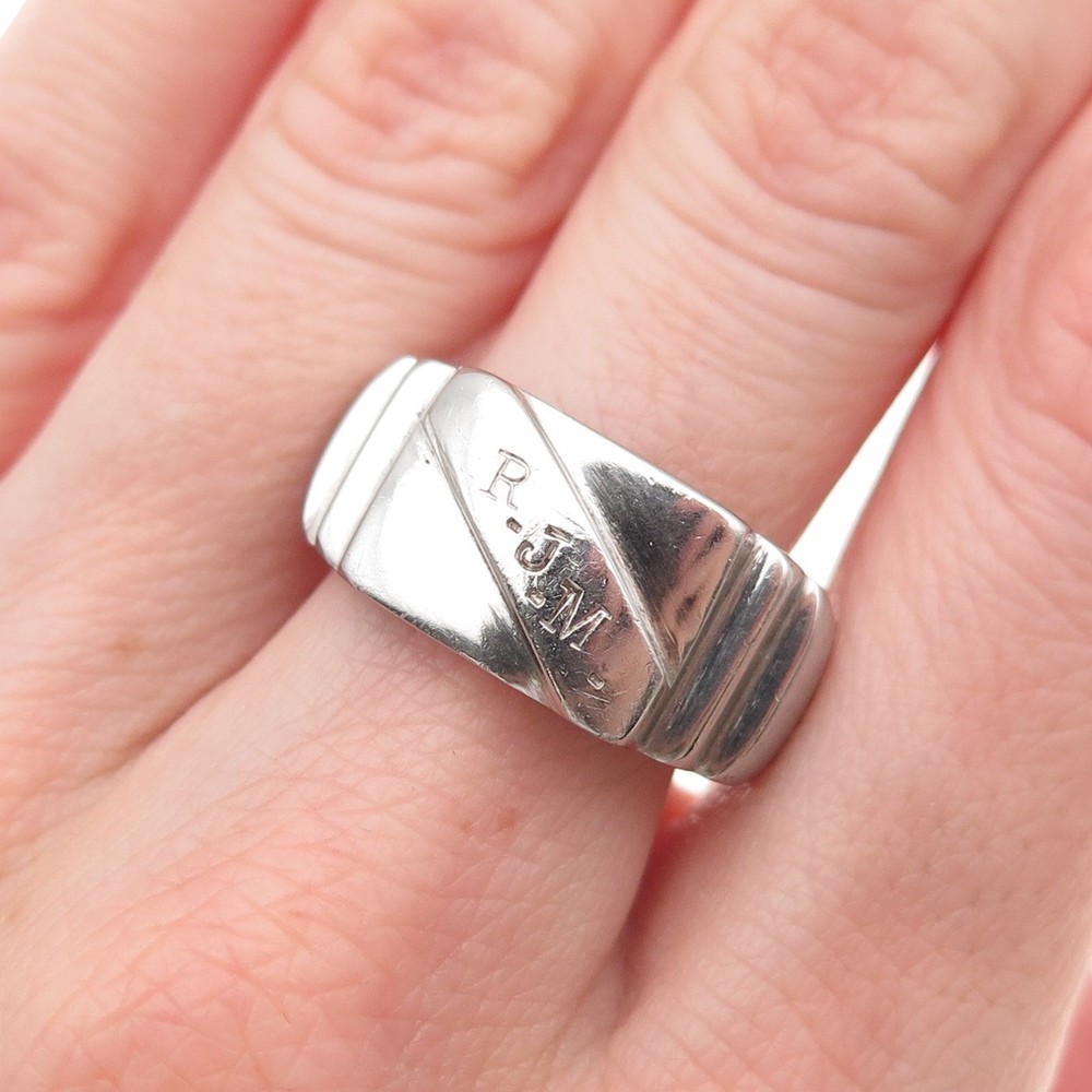 Silver-Tone Antique Art Deco Engraved RJM Signet Ring Size 9.75