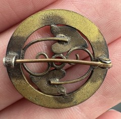 Antique Art Nouveau Sash Pin Brooch Brass Ivy Leaf Red Stone Signed AP C-Clasp