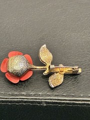 Vintage MCM 3D Matte Red Enamel Rose Brooch Pin Gold Tone Textured Stem Flower