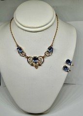 Vintage MCM Van Dell Gold Filled Blue Rectangle Crystal Necklace & Earrings Set