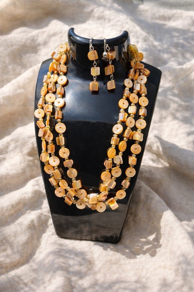 Boho Peach Mother of Pearl Shell Necklace Earring Set Multi Strand Layers Beachy