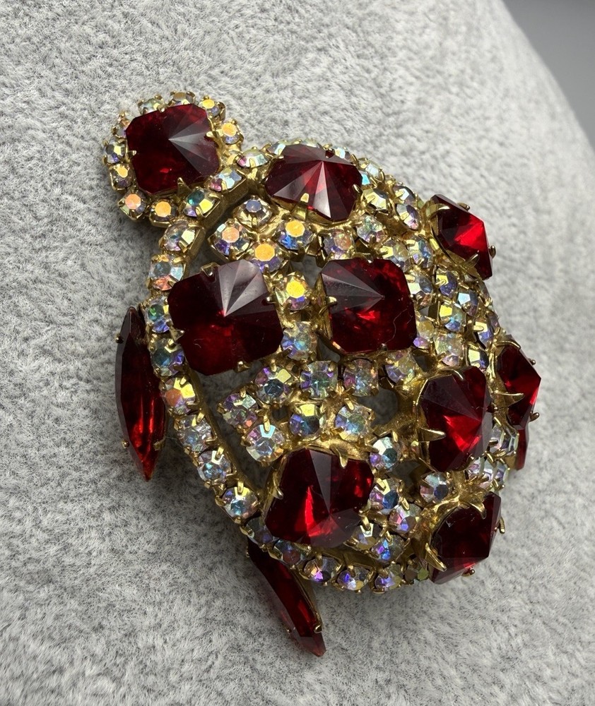 Brooch Turtle Figural Red Rivoli & Clear AB Rhinestone Large 2.25″ Vintage 1960s